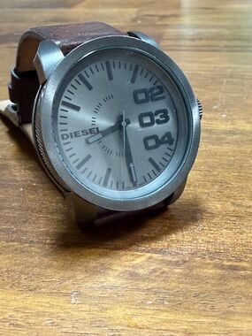 Diesel Silver Dial Watch with Brown Leather Strap